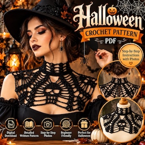 May include: A black crochet collar featuring a skull and spiderweb design. The pattern includes step-by-step instructions with photos. The digital PDF document displays the text Halloween Crochet Pattern PDF and Step-by-Step Instructions with Photos.