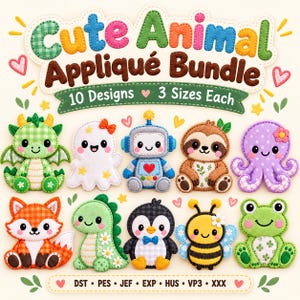 Puede incluir: Una colección de archivos de bordado digital titulada Cute Animal Appliqué Bundle con 10 diseños en 3 tamaños cada uno. La imagen muestra un dragón verde, un fantasma blanco, un robot azul, un perezoso marrón, un pulpo morado, un zorro naranja, un dinosaurio verde, un pingüino, una abeja y una rana.