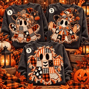 3 Faux Patchwork Ghost Png, Halloween Ghost Png, Girly Boo Png, Spooky Season Png, Cute Halloween Patchwork PNG, Pumpkin PNG, Fall PNG