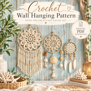 May include: A digital PDF download for a crochet wall hanging pattern featuring three circular dreamcatcher-style decorations. The designs include cream-coloured crocheted mandalas on wooden hoops, adorned with hanging beads, seashells, and feathers.