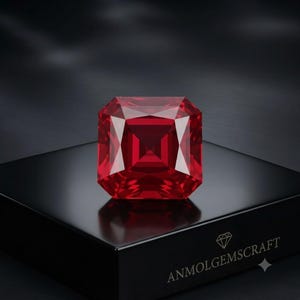 May include: A vibrant, square-cut red gemstone with multifaceted surfaces that reflect light. The gemstone is positioned on a black display block featuring the white text ANMOLGEMSCRAFT and a small diamond icon printed on the front face.