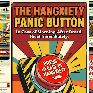 May include: A poster titled THE HANGXIETY PANIC BUTTON with the text In Case of Morning-After Dread, Read Immediately. It features a large red button with the text PRESS IN CASE OF HANGXIETY and a white arrow, set against a retro sunburst background.