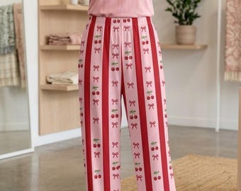 Cherry Stripe Pattern Women's Pajama Pants | Pink Red Cherry Print