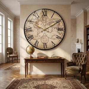 Könnte beinhalten: Eine große runde Wanduhr mit schwarzem Rahmen und einer Weltkarte im Vintage-Stil auf dem Zifferblatt. Die Uhr verfügt über schwarze römische Ziffern und goldfarbene Zeiger. Das Kartendesign zeigt detaillierte Kontinente und Projektionen.