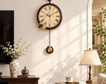 Vintage Roman Numeral Wall Clock, Walnut Wood-Grain Frame, Pendulum Decor