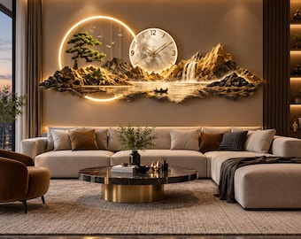 May include: A large wall-mounted clock featuring a circular marble face with gold hands and numerals. The clock is integrated into a three-dimensional landscape relief depicting mountains, a waterfall, a bonsai tree, and a boat, illuminated by a circular LED light.