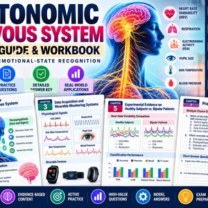 May include: An educational study guide and workbook titled Autonomic Nervous System: Mood and Emotional-State Recognition. It features diagrams of the human brain and nervous system, physiological signal charts, and practice questions in A4 PDF format.
