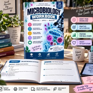 May include: A Microbiology Workbook with a blue cover featuring a microscope and colorful bacteria illustrations. The book includes chapter-by-chapter practice questions, case scenarios, and an answer key. An open workbook displays Chapter 4 content.
