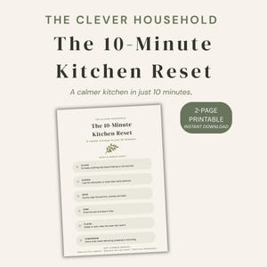 May include: A two-page printable document titled The 10-Minute Kitchen Reset by The Clever Household. The page features a checklist with tasks including clear, dishes, wipes, sink, floor, and tomorrow, decorated with a small green leaf icon.