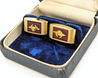 1940s ANSON Shriner Cufflink Set Gold Tone Art Deco Men's Vintage Cufflinks with Red Cherry Juice Bakelite "Stones" by Anson in Original Box