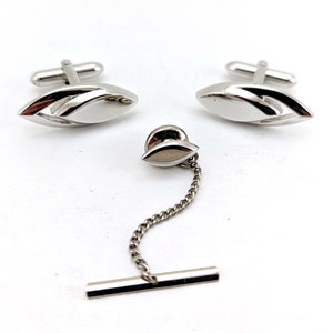 1960s SWANK Modernist Cufflinks & Tie Pin / Tie Tack Set Silver Tone Metal Men&#39;s Vintage Cufflink Set by SWANK
