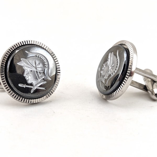 1950s-60s Hematite Centurion Cufflinks Set Silver Tone Mad Men Era Men's Vintage Cufflinks with Gladiator Design