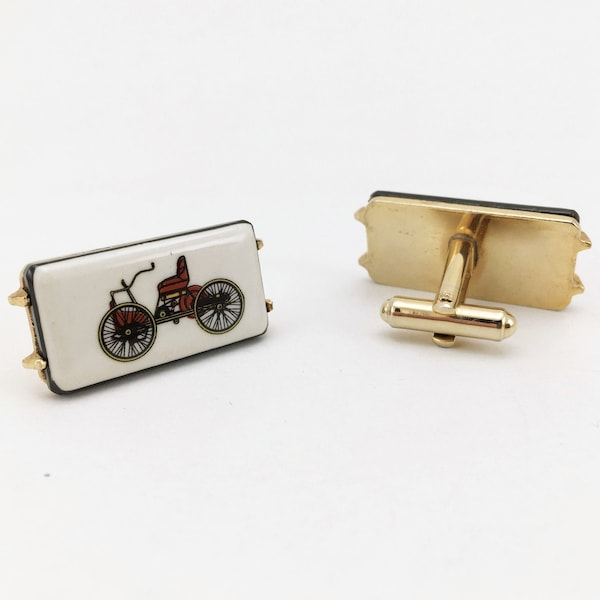 1960s-70s Antique Car Cufflinks Men's Vintage Gold Tone Metal Cufflink Set with porcelain tiles with early 1900s car designs