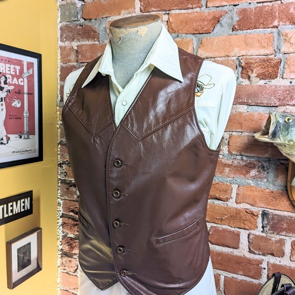 1970s Men's Leather Western Vest Vintage Reddish Brown Cowboy Style Shiny Leather Vest from The Leather Shop at SEARS - Size 38 (MEDIUM)