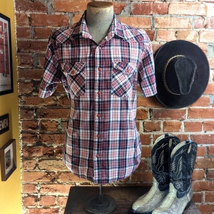 1990s Vintage Plaid Flannel Western Shirt Men&#39;s Cowboy Style Short Sleeve Red, White & Black Pearl Snap Shirt by FOURCAST - Size LARGE