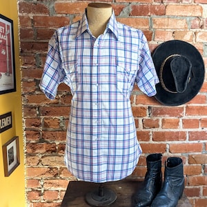 1980s Vintage Flying R Ranchwear Purple & White Plaid Western Shirt Men&#39;s Cowboy Style Short Sleeve Pearl Snap Shirt by Ruddock - Size XL