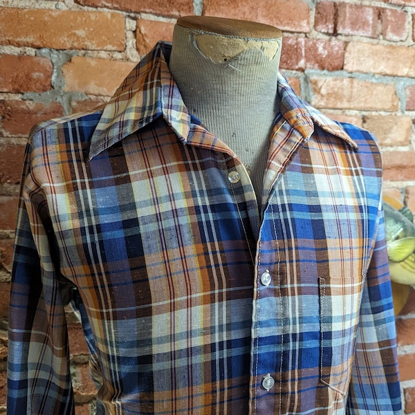 1970s Vintage Blue & Brown Plaid Disco Era Men's Long Sleeve Shirt by The COUNTY SEAT - Size LARGE