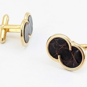 1960s SWANK Alligator Cufflinks Mid Century Modern Men&#39;s Vintage Gold Tone Cufflink Set with brown alligator leather inserts by SWANK