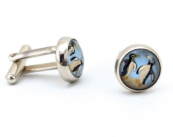 1940s Penguin Cufflinks Vintage Men's Silver Tone Metal Cufflinks with Reverse Painted Penguin Designs