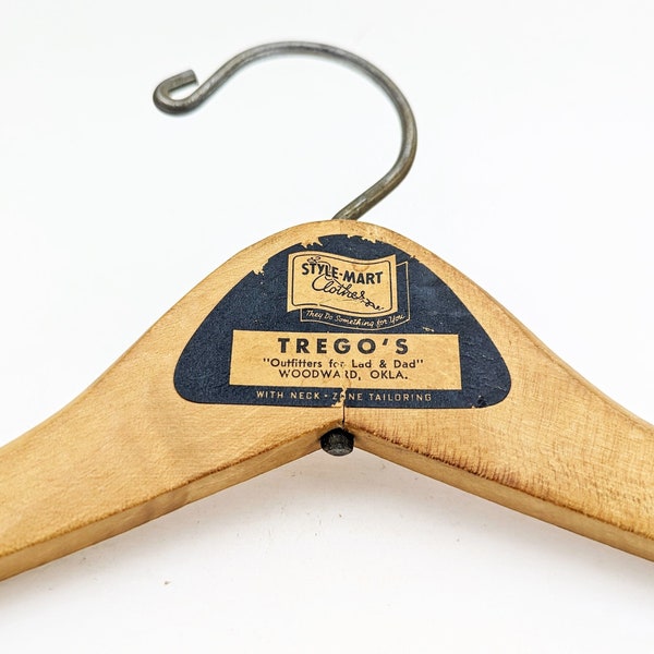 1950s Vintage TREGO'S WESTWEAR Woodward, Oklahoma Vintage Mid-Century Advertising Clothes Hanger Suit Coat Pants Wood Wishbone Hanger