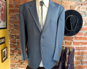 1970s LEVI&#39;S Men&#39;s Western Suit Jacket / Blazer Vintage Blue Gray Polyester Cowboy Style Sport Coat by Levi&#39;s Western Wear - Size 48 (XL)