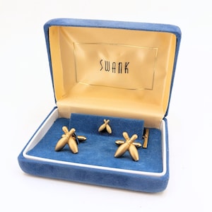 1960s SWANK Bowling Pin Cufflinks & Tie Pin Set Mid Century Vintage Gold Tone Metal Cuff links and Tie Tack by SWANK in Blue Velvet Box