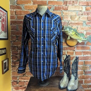1980s Vintage Plaid Ely Cattleman Western Shirt Men&#39;s Cowboy Style Long Sleeve Blue & Black Pearl Snap Shirt - SIZE XL