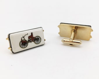 1960s-70s Antique Car Cufflinks Men's Vintage Gold Tone Metal Cufflink Set with porcelain tiles with early 1900s car designs