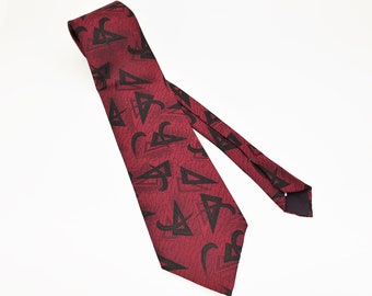 1980s Men's Red & Black Tie Vintage Woven Polyester Necktie by Royal Knight with Retro Abstract Designs