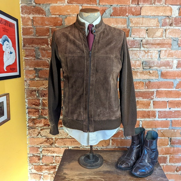 1980s Men's Suede Sweater Jacket Vintage Brown Suede Leather & Knit Acrylic Café Racer Style Jacket by Alvin Josef - Size MEDIUM