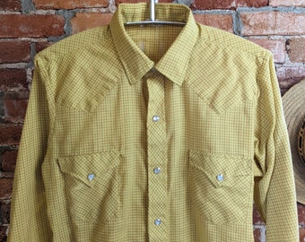 1960s Boy's 16 Western Shirt Mustard Yellow Plaid Vintage Cowboy Style Long Sleeve Shirt with Pearl Snaps - Size Men's XS / Boy's Large