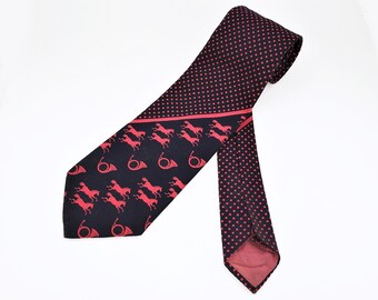 1970s Horse Necktie Men&#39;s Vintage Disco Era Wide Blue & Red Polyester Tie with Horse and Horn designs