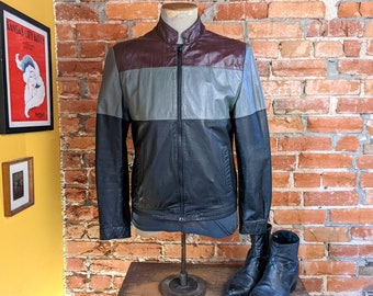 1980s BERMAN'S Tri-Color Leather Café Racer Jacket Men's Vintage Burgundy, Gray & Black Members Only Style Leather Jacket - Size 38 (MEDIUM)