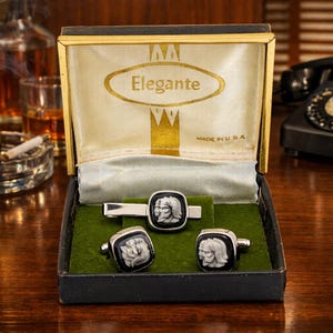 1950s Cameo Cufflinks & Tie Clip Set by Elegante Men's Vintage Cufflinks, Tie Bar with Gladiator Designs in original box