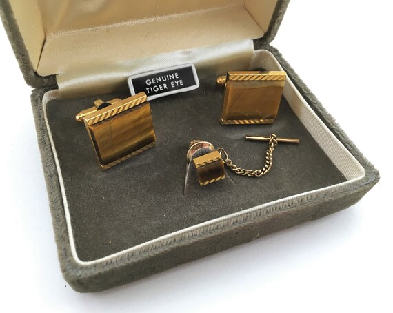 Vintage Oval CufflinksTie Tack SetGold ToneGenuine TIGER EYE StoneWedding JewelryMen/'s GiftFormal WearGentleman Style1960/'s