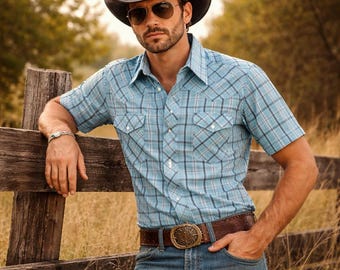 Chemise Vintage Wrangler Homme Taille L - Bleu à Carreaux, Western, Snaps Cowboy