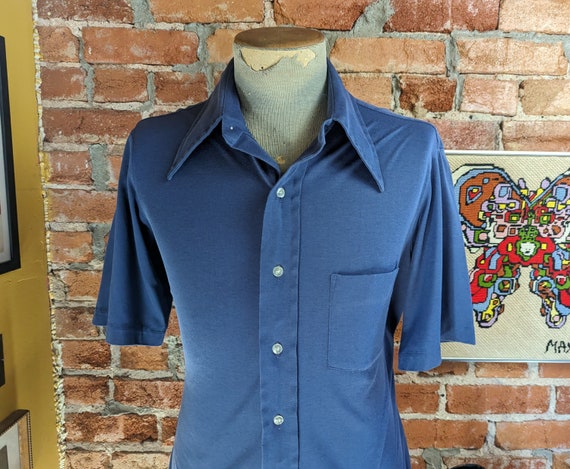 1970s Men's Vintage Blue Shirt Short Sleeve Super… - image 3