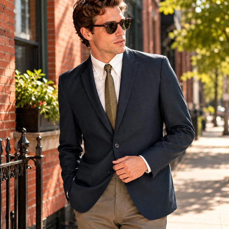 May include: A navy blue blazer worn over a crisp white button-down shirt with a textured olive green tie. The ensemble is paired with khaki trousers and dark-rimmed sunglasses, featuring a notched lapel and two-button front closure design.