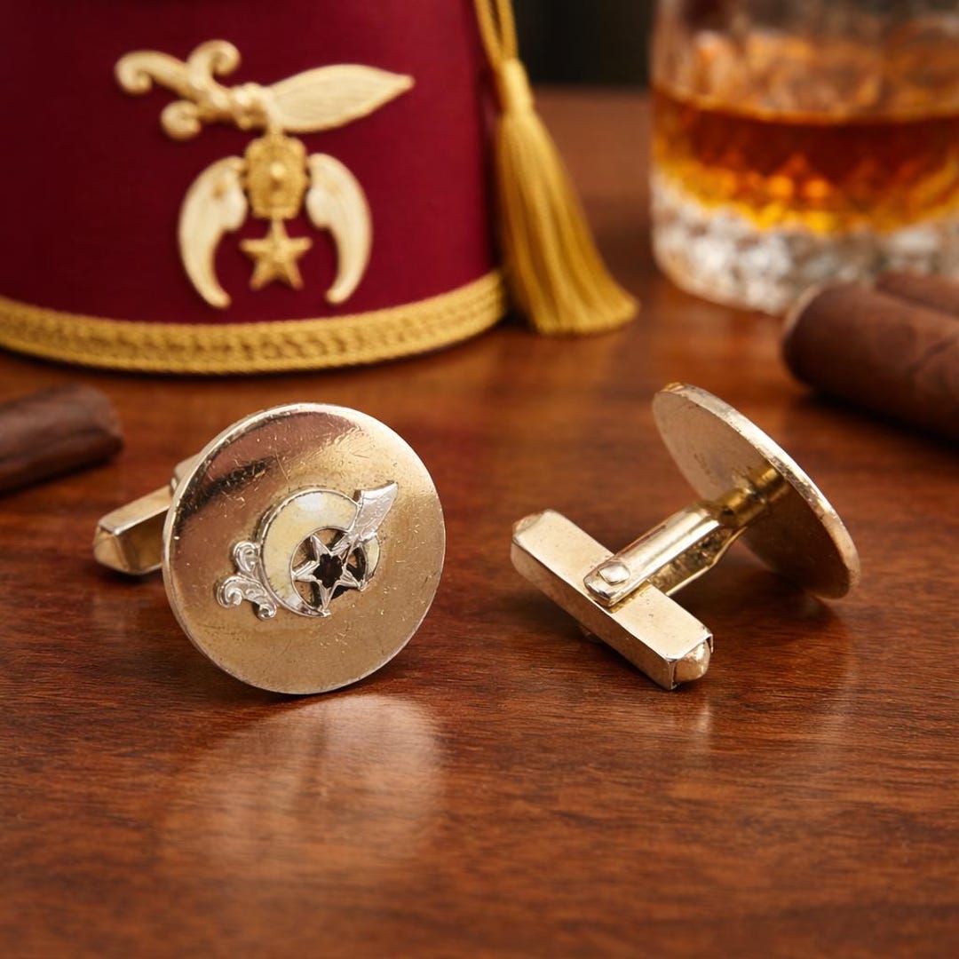 Boutons De Manchette Maçonniques Vintage Schriner – Or 14K – Motifs Cimetière, Croissant Et étoile