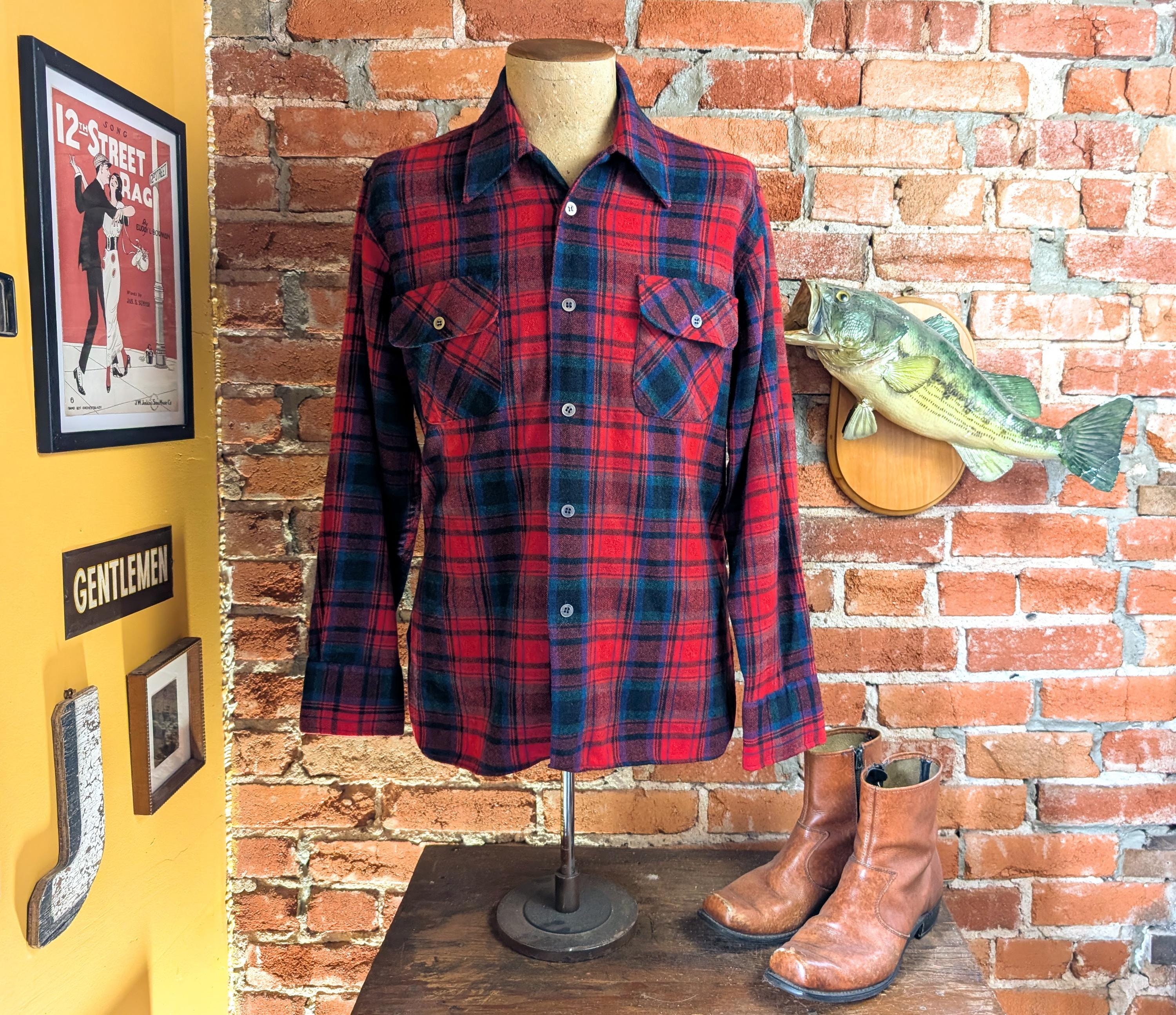 1970s Arrow Wool Shirt Red, Black, Blue & Green Plaid Men's