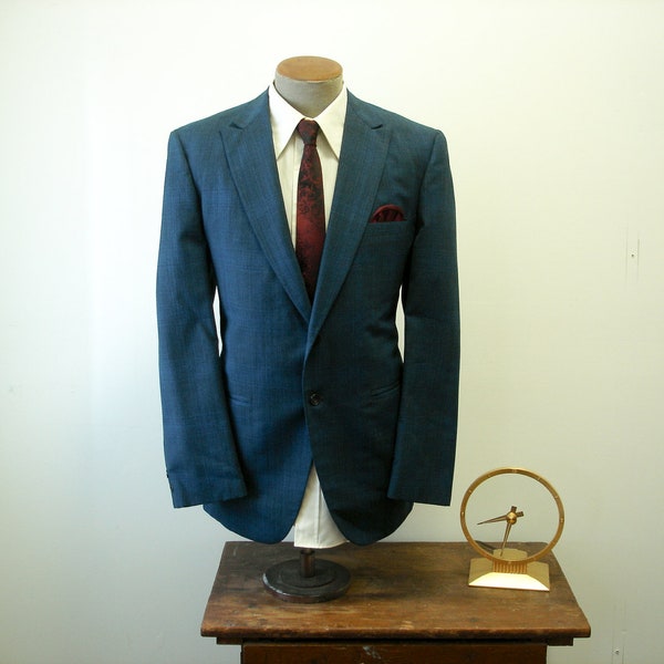 1950s-60s MOD Blue Suit Jacket Mad Men Era Plaid Sharkskin Blazer / Sport Coat by Stylecraft for Gibbs Clothing Co. - Size 42 (LARGE)