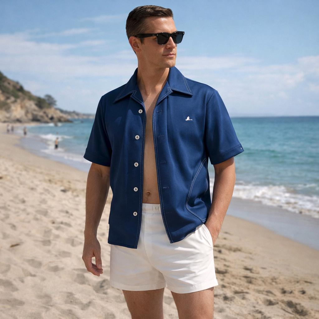 1960s Vintage Men's Swim Top Short Sleeve Blue Pool Shirt With
