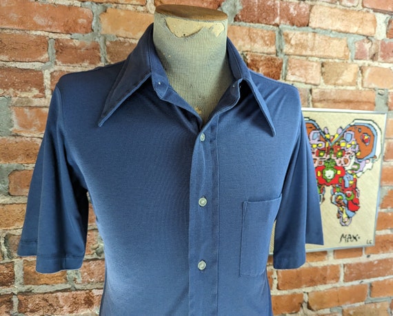 1970s Men's Vintage Blue Shirt Short Sleeve Super… - image 1