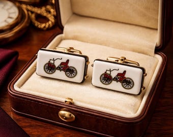 1960s-70s Antique Car Cufflinks Men's Vintage Gold Tone Metal Cufflink Set with porcelain tiles with early 1900s car designs