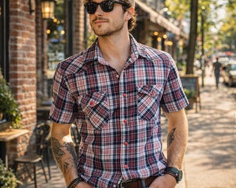 1990s Vintage Plaid Flannel Western Shirt Men's Cowboy Style Short Sleeve Red, White & Black Pearl Snap Shirt by FOURCAST - Size LARGE