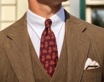 1930s Art Deco Men's Silk Tie Paisley Gatsby Era Burgundy Jacquard Necktie with Woven Paisley Designs by Grayco California End-Lock