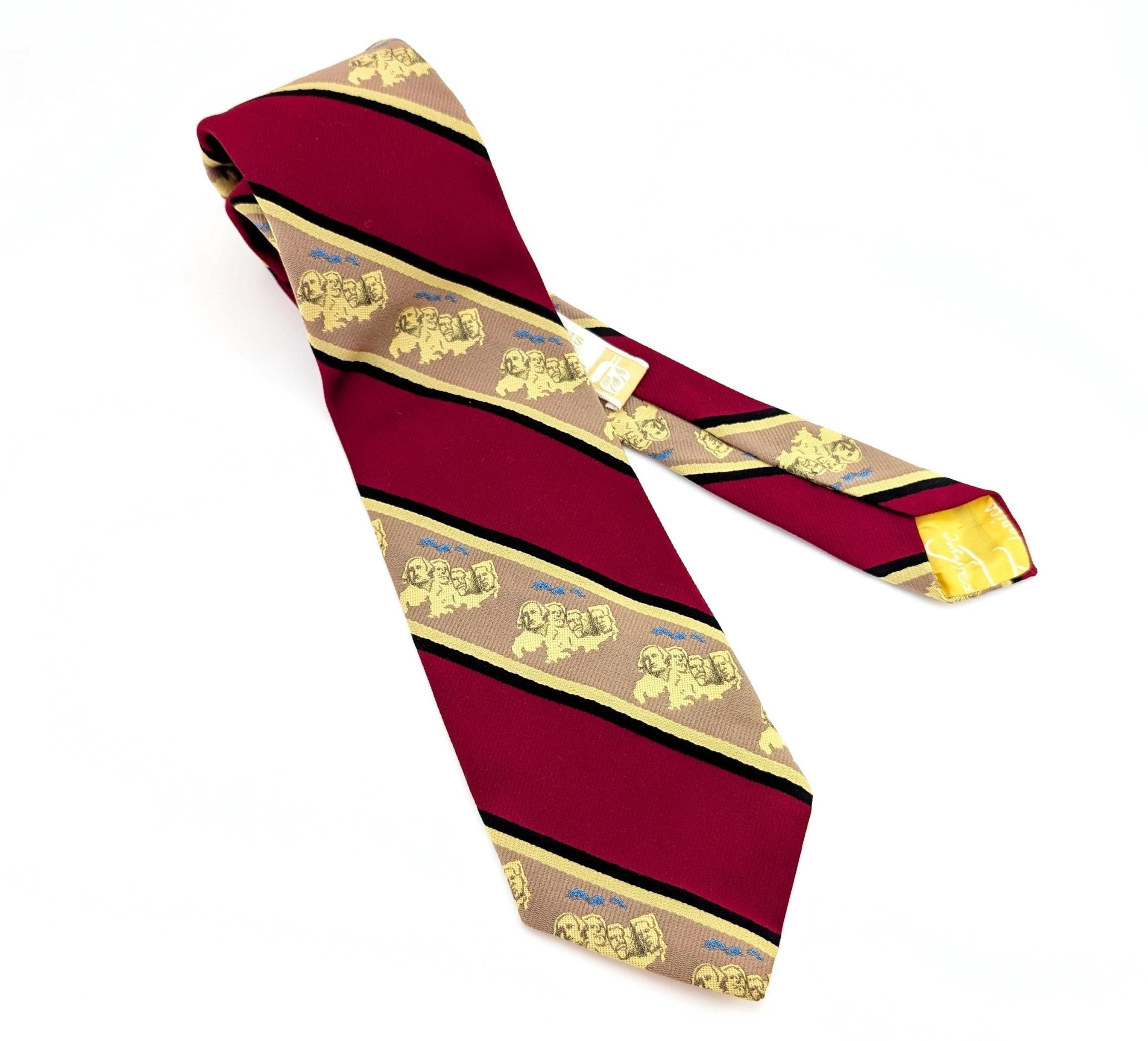 1970s Wide Mount Rushmore Tie Men's Vintage Disco Era Red Textured 100% Polyester Necktie with diagonal bands Mt. Rushmore by John Frederics