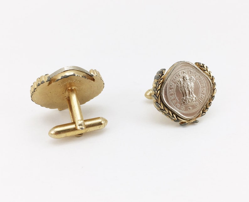 1960s SWANK Indian Coin Cufflinks Men/'s Vintage Gold Tone Metal Cufflink Set with Silver Coins from India by SWANK