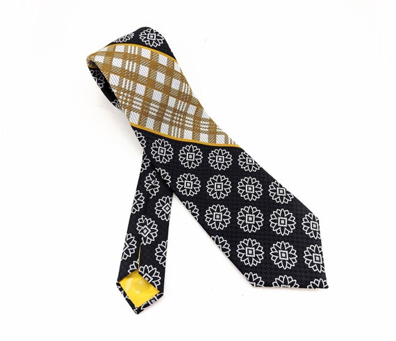 1970s Abstract Floral Tie Mens Vintage Black, Whi… - image 3