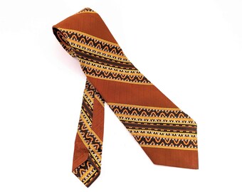 1960s Mod Gold & Brown Tie Mad Men Era Mid Century Modern Striped Men's Vintage Acetate and Dacron Polyester Necktie